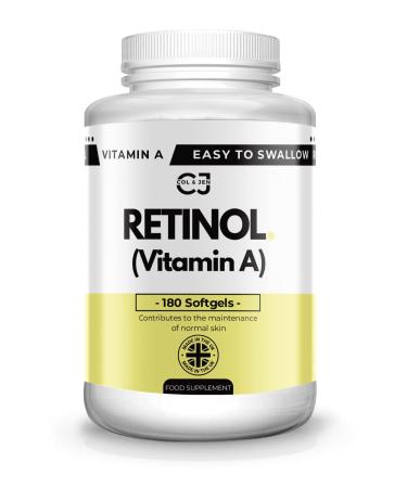 Retinol Vitamin A Softgel Capsules - Contributes to The Maintenance of Normal Skin & Vision - 180 Pack - Easy to Swallow - Made by Col & Jen - UK