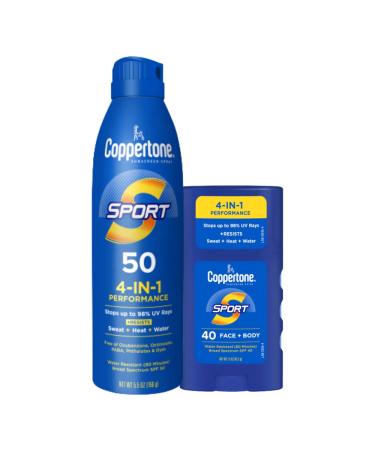 Coppertone Sport Sunscreen Spray  Broad Spectrum SPF 50 Water Resistant Spray Sunscreen  5.5 Oz and Coppertone Sport Sunscreen Stick  SPF 40  1.5 Oz - Buy Online on GoSupps.com