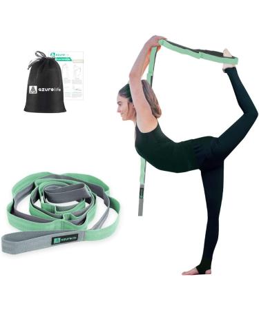 A AZURELIFE Premium Durable Cotton Stretch Non-Elastic Yoga Strap for Stretching - Green-12 loops