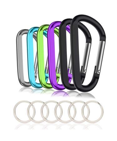 6PCS Black Carabiner Caribeaner Clip,3" Large Aluminum D Ring Shape Carabeaner with 6PCS Keyring Keychain Hook Multi-color