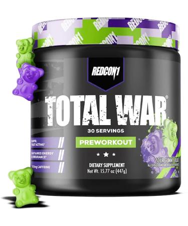 REDCON1 Total War Preworkout - Contains 320mg of Caffeine from Green Tea  Juniper & Beta Alanine - Pre Work Out with Amino Acids to Increase Pump  Energy + Endurance (Sour Gummy Bear  30 Servings)