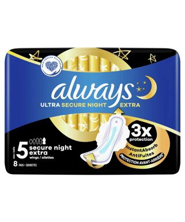 Always - 8X Ultra Sanitary Pads Secure Night Extra Size 5 with Wings - 1 Piece 8 Count (Pack of 1)