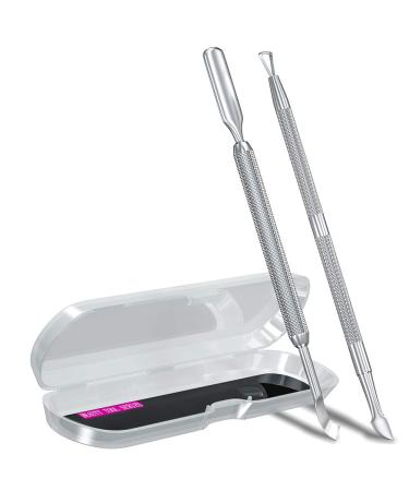 2PCS Metal Silver Cuticle Pusher and Cutter Remover Salon Quality Stainless Steel Acetone Gel Nail Polish Peeler Scraper Durable Professional Manicure Pedicure Cleaner Tool For Fingernail and Toenail