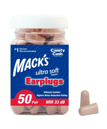 Mack's Ultra Soft Foam Earplugs 50 Pair - 33dB Highest NRR Comfortable Ear Plugs for Sleeping Snoring Travel Concerts Studying Loud Noise Work