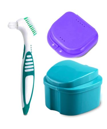 Denture Bath Case Cup with Denture Cleaner Brush & Retainer Holder Box, Complete Clean Care for Dentures, Clear Braces, Mouth Guard, Night Guard & Retainers,Traveling (Blue) - Buy Online on GoSupps.com