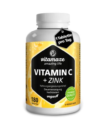 Vitamin C high doses 1000 mg + zinc vegan & optimally bioavailable 180 tablets for 6 months natural nutritional supplement without unnecessary additives made in Germany 6 monthly supply