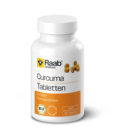 Raab Vitalfood Bio Curcuma Tablets with Piperine made of pepper (300 pieces) I Curcumin content: 3900mg / 100g piperin content: (110mg / 100g) i laboratory tests quality vegan & gluten-free
