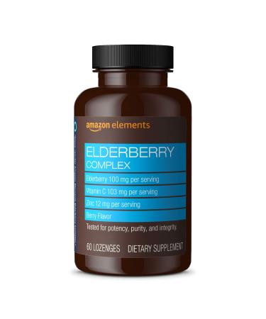 Amazon Elements Elderberry Complex, Immune System Support, 60 Berry Flavored Lozenges, Elderberry 100mg, Vitamin C 103mg, Zinc 12mg per Serving (Packaging may vary) - Buy Online on GoSupps.com