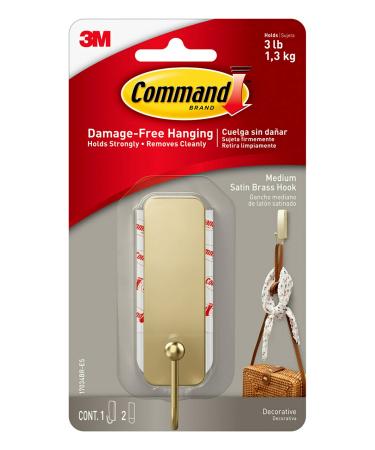 Command Medium Decorative  Damage Free Hanging Wall Hooks with Adhesive Strips  No Tools Wall Hooks for Hanging Decorations in Living Spaces  1 Satin Brass Hook and 2 Command Strips