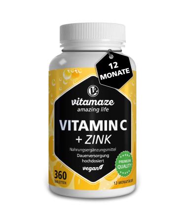 Vitamin C high doses 1000 mg + zinc 360 tablets for 1 year vegan & optimally bioavailable natural nutritional supplement without unnecessary additives made in Germany 12 month supply