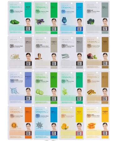 DERMAL 16 Combo Pack A Collagen Essence Full Face Facial Mask Sheet - Face Pack For Glowing Skin - Self Home Care Face Facial Mask Sheet - Korean facial Masks For Women and Men 16 Count (Pack of 1) Set A 16 Colors