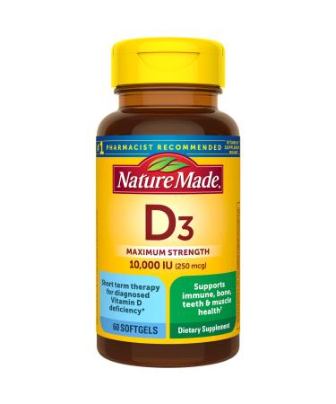 Nature Made Maximum Strength Vitamin D3 10000 IU (250 mcg), Dietary Supplement for Bone, Teeth, Muscle and Immune Health Support, 60 Softgels, 60 Day Supply - Buy Online on GoSupps.com