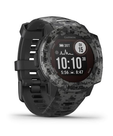 Garmin Instinct-waterproof GPS smartwatch with sports/fitness functions.Heart rate measurement on the wrist fitness tracker and smartphone notifications.Many models to select Instinct Solar Camo Schiefergrau