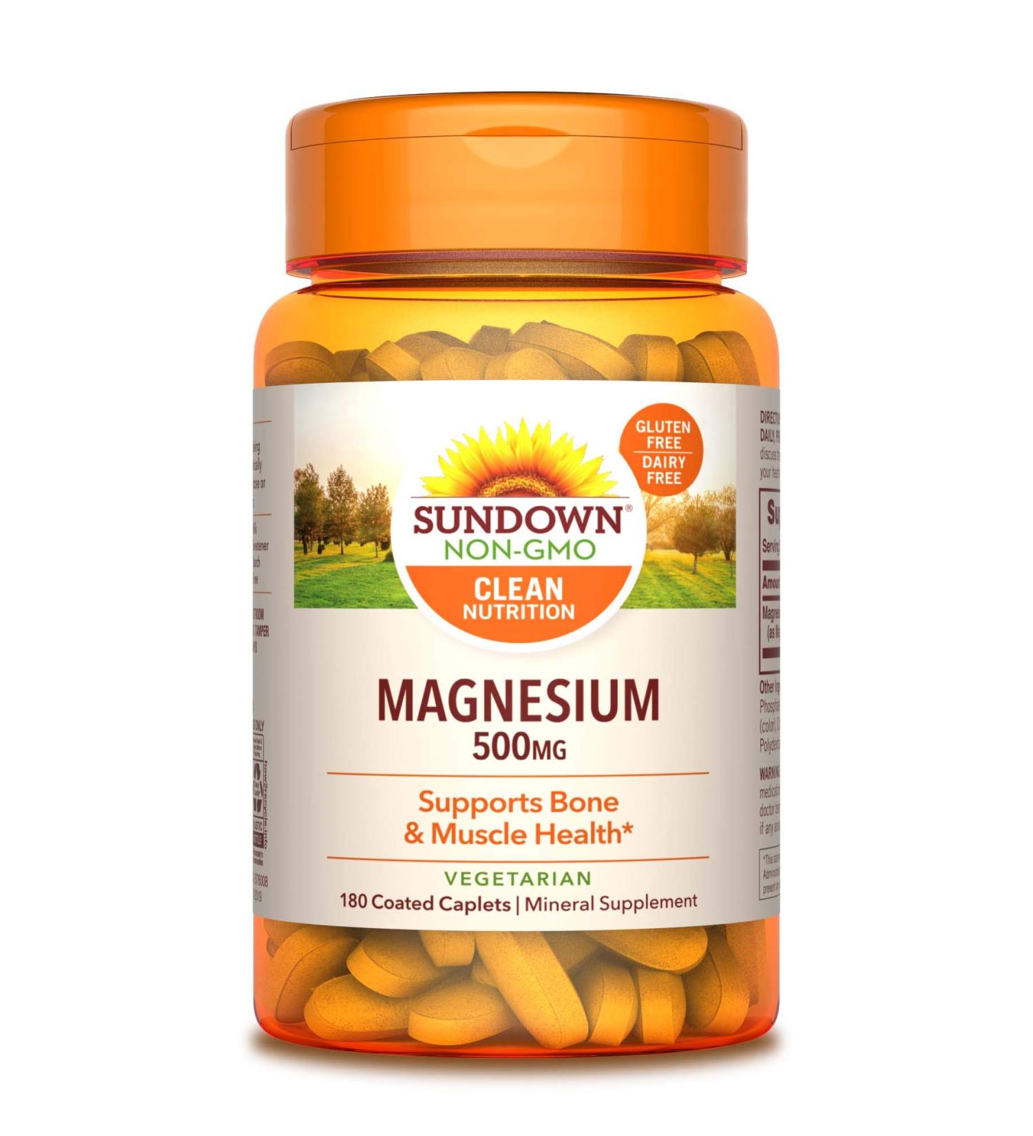 Sundown Magnesium Supplement 500mg Coated Caplets - 180 Count, Non-GMO, Gluten-Free, Dairy-Free, Vegetarian - 6 Month Supply - Buy Online on GoSupps.com