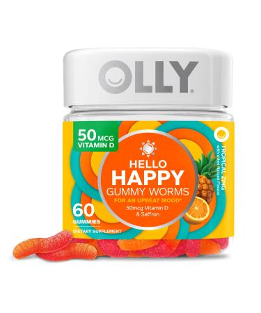 OLLY Hello Happy Gummy Worms, Mood Balance Support, Vitamin D, Saffron, Adult Chewable Supplement, Tropical Zing - 60 Count 60 Count (Pack of 1) - Buy Online on GoSupps.com
