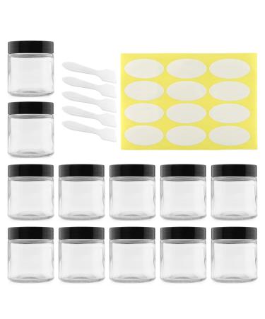Cornucopia 4-Ounce Clear Glass Jars (12-Pack) Straight-Sided Containers for Cosmetics and Food Storage with Spatulas and Labels