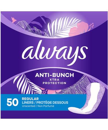 Always Anti-Bunch Xtra Protection, Panty Liners For Women, Light Absorbency, Regular Lenght, Multipack, Leakguard + Rapiddry, Unscented, 50 Count X 6 Packs (300 Count Total)