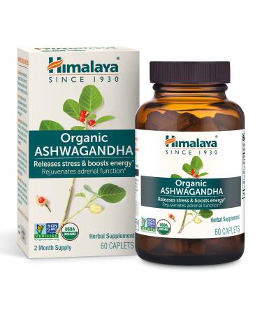 Himalaya Organic Ashwagandha, 2 Month Supply for Stress Relief, USDA Certified Organic, Non-GMO, Gluten-Free Supplement, 100% Ashwagandha powder & extract, 670 mg, 60 Caplets - Buy Online on GoSupps.com