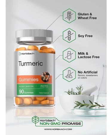 Turmeric Gummies 90 Count Mango Peach Flavor with Ginger | Vegan & Non-GMO Gluten-Free Supplement by Horbaach - Buy Online on GoSupps.com