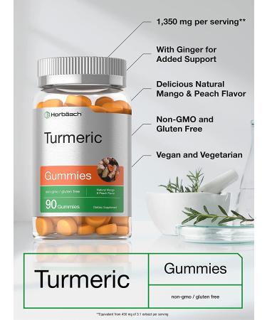 Turmeric Gummies 90 Count Mango Peach Flavor with Ginger | Vegan & Non-GMO Gluten-Free Supplement by Horbaach - Buy Online on GoSupps.com