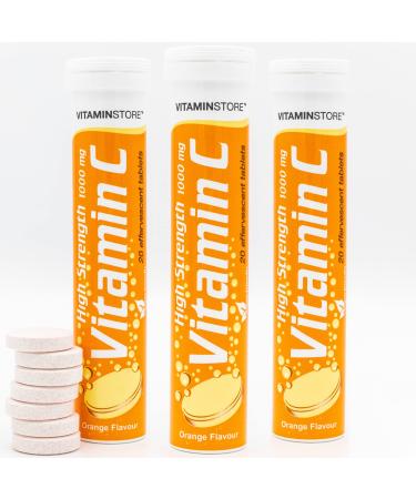 Vitamin Store 60 High Strength Vitamin C (1000mg) Effervescent Tablets - 3 Packs of 20 Vitamin C Dissolvable Tablets - One-a-Day - Soluble Orange Flavoured Vitamin C Fizzy Tablets to Support Immunity 1 count (Pack of 3)