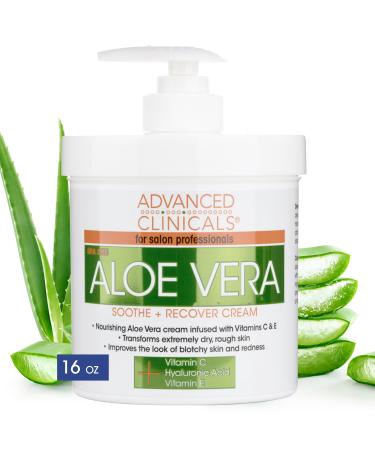 Advanced Clinicals Aloe Vera Lotion Sun Burn Recovery Cream | After Sun Body Lotion W/ Vitamin C + Hyaluronic Acid | Sun Damaged Skin Repair Moisturizing Cream | Skin Care Products Large 16 Oz 16 Ounce (Pack of 1) Aloe Vera Body Cream