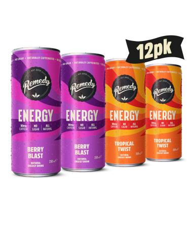 Remedy Natural Energy Drink - Tropical Twist & Berry Blast Mixed Pack - Natural Caffeine - Sugar Free & Low Calorie - Kombucha Energy Drink with Probiotics for Gut Health - 12 x 250ml Energy (Berry & Tropical) 12x250ml