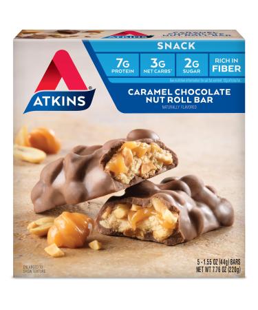 Atkins Snack Bar Caramel Chocolate Nut Roll Keto Friendly 1.55 Ounce (5 Bars)