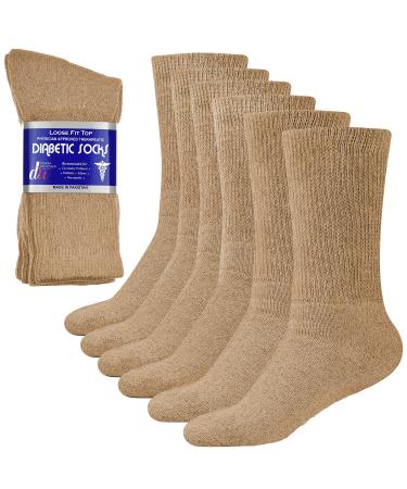 Diabetic Socks for Mens Womens Loose Fit Non-Binding Cotton Crew Socks 6 Pairs 10-13 6 Pairs Beige